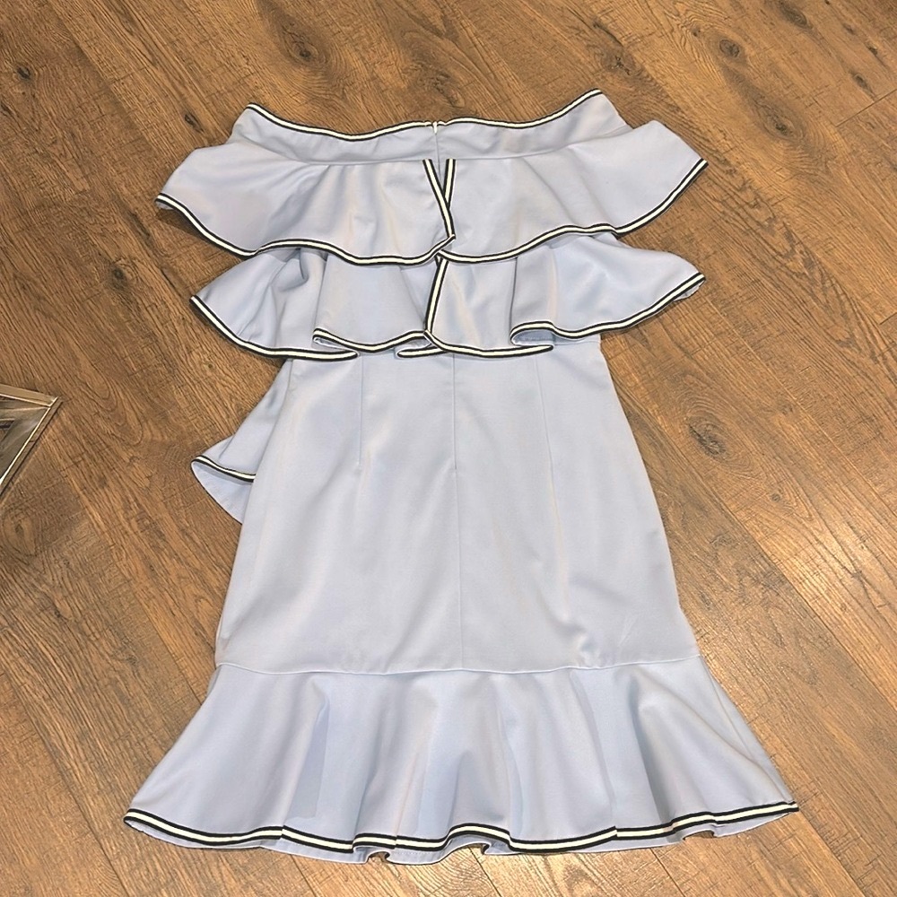 ANTHROPOLOGIE GRACIA Off Shoulder Ruffle Dress Light Blue Trimmed in B/W - Picture 9 of 12